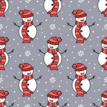 Christmas Seamless Pattern With Cute Snowy Snowman. Funny Hand Drawn Background. Holiday Theme Vector Texture For Kids Room Decor, Print, Poster, Card, Gift, Packaging, Wallpaper, Wrapping Paper, Web.
