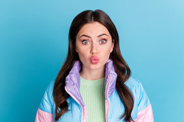 Sticker - Photo portrait of pouting woman isolated on pastel blue colored background