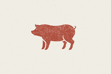 Red Pig Silhouette For Meat Industry Or Farmers Market Hand Drawn Stamp Effect Vector Illustration.