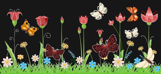 Blooming meadow with grass, flowers and butterflies. Night landscape. Cartoon style. Fabulous illustration. Background picture. Beautiful natural view. Wild plant nature. Rural scene.  Vector