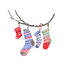 Watercolor Christmas Tree Branch Stocking Illustration. Hand Drawn Colorful And Cute Knitted Socks In Scandinavian Folk Style. Holiday Minimalist Decor, Isolated. Cozy Winter Knitwear.