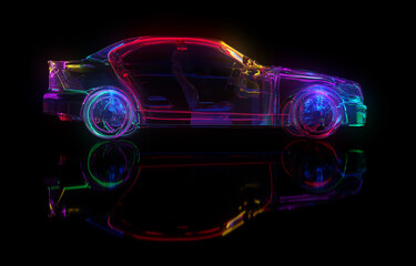 Poster - Glass car with neon lighting. The edges of the car are highlighted