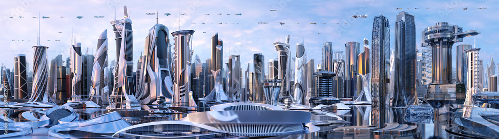 Future city skyline panorama 3D scene. Futuristic cityscape creative concept illustration: skyscrapers, towers, tall buildings, flying vehicles. Panoramic urban view of megapolis town, sky background - obrazy, fototapety, plakaty 