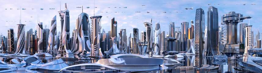 future city skyline panorama 3d scene. futuristic cityscape creative concept illustration: skyscrape