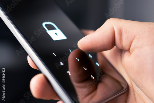 Mobile phone security code, password or lock for personal online privacy and verification. 2FA (two factor authentication) and passcode for data and identity protection. Cyber hacker, fraud or threat.