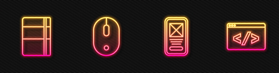 Set line UI or UX design, Sketchbook album, Computer mouse and Front end development. Glowing neon icon. Vector.