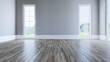 Empty living room concept with windows and wooden floor 3D rendering