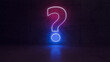 Neon light question marks concept in dark empty concrete room 3D rendering