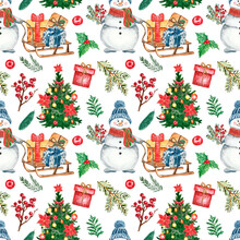 Cheerful Christmas Seamless Pattern With Watercolor Snowman, Winter Greenery, Holiday Fir Tree, Gifts On A Wooden Sledges On White Background. Watercolor Winter Themed Repeat Print.