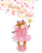 Watercolor Christmas card with cute girl cow in pink fairy costume and magic wand Hand drawn cow for New Year and Christmas celebration