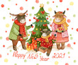 Watercolor new year card with happy family of bulls and cows in winter clothes near a Christmas tree with red bows and gold stars. The illustration is intended for New Year cards