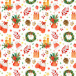 Watercolor seamless pattern with cute Christmas hats, gifts, Christmas tree branches and holly branches, cookies, cones. Christmas background for cards, wrapping paper