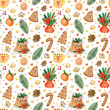 Cute Watercolor seamless pattern with cute New Year gifts, branches of a Christmas tree and branches of holly, cookies, cones, cupcake, tangerines. Christmas background for cards, wrapping paper