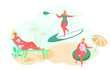© Iryna Tymoshenko - Beach Holiday and Activites at Sea, Surfing,Stand up Paddle and Sunbathe under Palm Tree Along Coast.Characters with Swim Ring.Summer Holiday Relaxing.Flat Vector Illustration