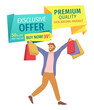 © robu_s - Advertising of an exclusive offer and premium quality. Natural products in the store. Man with shopping bags is smiling happily. Young handsome fashion shopper guy picks up multi-colored packages