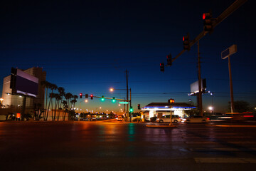 Night view of the asphalt road and traffic lights in Las Vegas, Nevada, USA