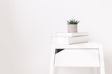 Potted Plant On Books Over Chair Against White Wall