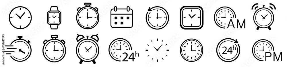 Vector Time and Clock icons set.Clocks icon collection design. Horizontal set of analog clock icon symbol .Circle arrow icon.Vector illustration. - obrazy, fototapety, plakaty 