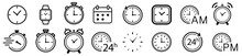 Vector Time And Clock Icons Set.Clocks Icon Collection Design. Horizontal Set Of Analog Clock Icon Symbol .Circle Arrow Icon.Vector Illustration.