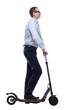 © ASDF - side view. casual man with electric scooter looking at you