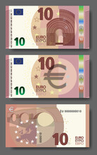 Set Of New Paper Money In The Style Of The European Union. Red 10 Euro Banknote With Architectural Arch And Bridge. EPS10