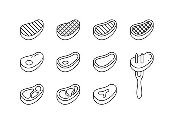 Wall Mural - Steak linear icons set. Beef with bone, fat, grill strips, fork. Different views of raw meat piece for packaging design. Black simple illustration. Contour isolated vector pictogram, white background