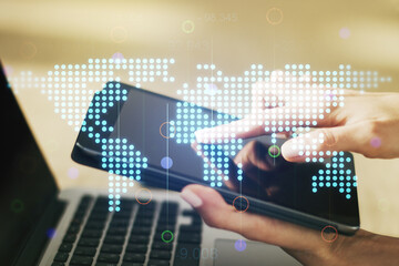 Wall Mural - abstract creative world map and finger clicks on a digital tablet on background, international tradi