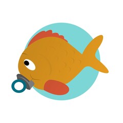 Wall Mural - Illustration of Baby Yellow Fish with Orange Fin Cartoon, Cute Funny Character, Flat Design