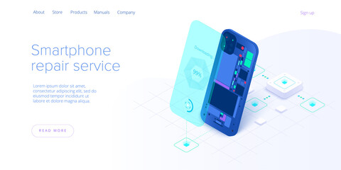 Smartphone repair service in isometric vector illustration. Cellphone or mobile phone  maintenance concept design. Web banner for broken gadget or device warranty fix.