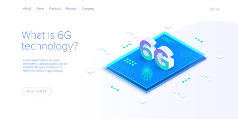 6g network technology in isometric vector illustration. Wireless mobile telecommunication service concept. Marketing website landing template. Smartphone internet speed connection background.