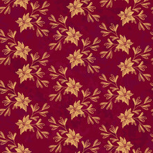 Christmas Seamless Pattern With Gold Poinsettia And Mistletoe. Vector Texture On A Dark Red Background. For Winter Design, Packaging Paper, Textiles.