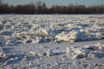 Embankment of the Irtysh river in Omsk in winter, in the evening. Russia.