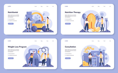  Nutritionist web banner or landing page set. Nutrition therapy