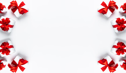 Wall Mural - gifts with red ribbon, present on white background top view. valentine's day. birthday. women's day.