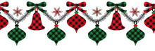 . Buffalo Plaid Christmas Toys On A Spruce Branch. Vector Seamless Pattern. Designer Ribbon. Holiday Decor.