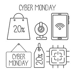 Canvas Print - cyber monday set line style icons in white background vector illustration design