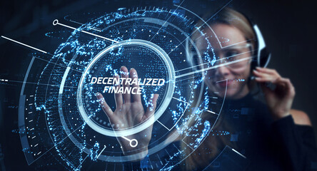 defi -decentralized finance on dark blue abstract polygonal background. concept of blockchain, decen