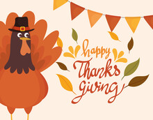 Happy Thanksgiving Celebration Lettering Card With Garlands And Turkey Vector Illustration Design