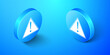Isometric Exclamation mark in triangle icon isolated on blue background. Hazard warning sign, careful, attention, danger warning important sign. Blue circle button. Vector.