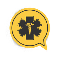 Wall Mural - Black Emergency star - medical symbol Caduceus snake with stick icon isolated on white background. Star of Life. Yellow speech bubble symbol. Vector.