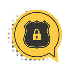 Wall Mural - Black Shield security with lock icon isolated on white background. Protection, safety, password security. Firewall access privacy sign. Yellow speech bubble symbol. Vector.