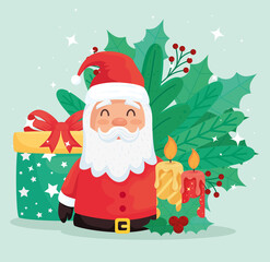 Canvas Print - happy merry christmas santa claus with gift and candles vector illustration design