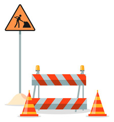 Road repair flat vector illustration. Under construction information sign. Maintenance and construction of pavement. Special equipment for fencing the way. Street barrier for roadwork and building