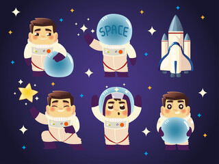 Wall Mural - set of astronaut in various poses in space and spaceship