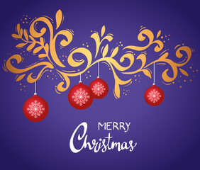 Wall Mural - happy merry christmas lettering card with red balls hanging vector illustration design