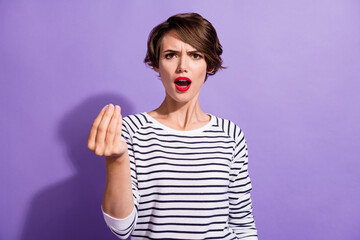 Wall Mural - Portrait of nice-looking angry short hairdo girl yelling handful sign wear white pullover isolated over violet color background