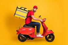 Profile Photo Of Courier Man Ride Motorbike Wear Bag Red T-shirt Hat Jeans Footwear Isolated Yellow Color Background