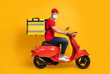 Profile Photo Of Delivery Man Ride Scooter Wear Bag Gloves Mask Red T-shirt Cap Jeans Sneakers Isolated Yellow Color Background