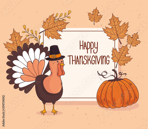 Fotografía happy thanksgiving celebration lettering card with turkey pumpkin fruit vector i