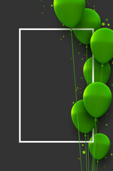 Vertical frame with green balloons on dark grey background.